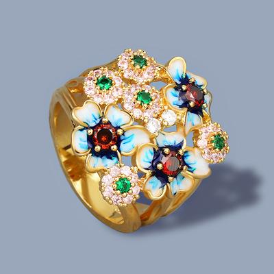 Enamel Flowers Inlaid with Colorful Zircon Pastoral Style Casual and Fashionable Elegant Ladies Ring