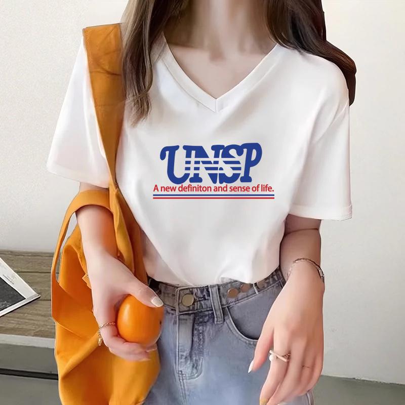 

Хлопковая футболка с принтом, с коротким рукавом, лето, новый дизайн, нишевая, универсальная, с V-образным вырезом, топ, базовая футболка S