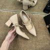 Nude Chunky Heel Mary Jane with 8cm Hidden Lift and Pointed Toe - Women's Commuting Heels
