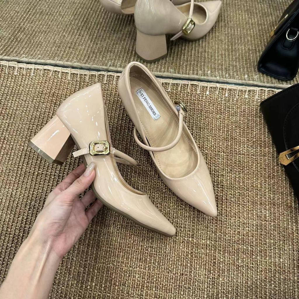Nude Chunky Heel Mary Jane with 8cm Hidden Lift and Pointed Toe - Women's Commuting Heels