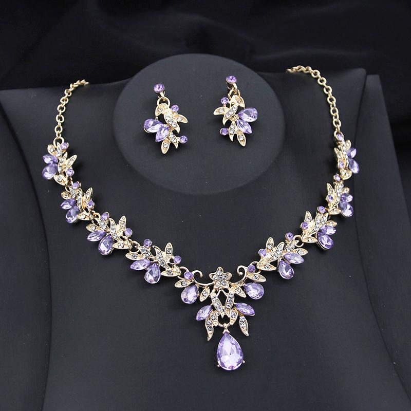Exquisite 2 Pcs Set Flower Pink AB Crystal Bridal Wedding Jewelry Sets for Women Dangle Earrings and Necklace Sets Blue Green