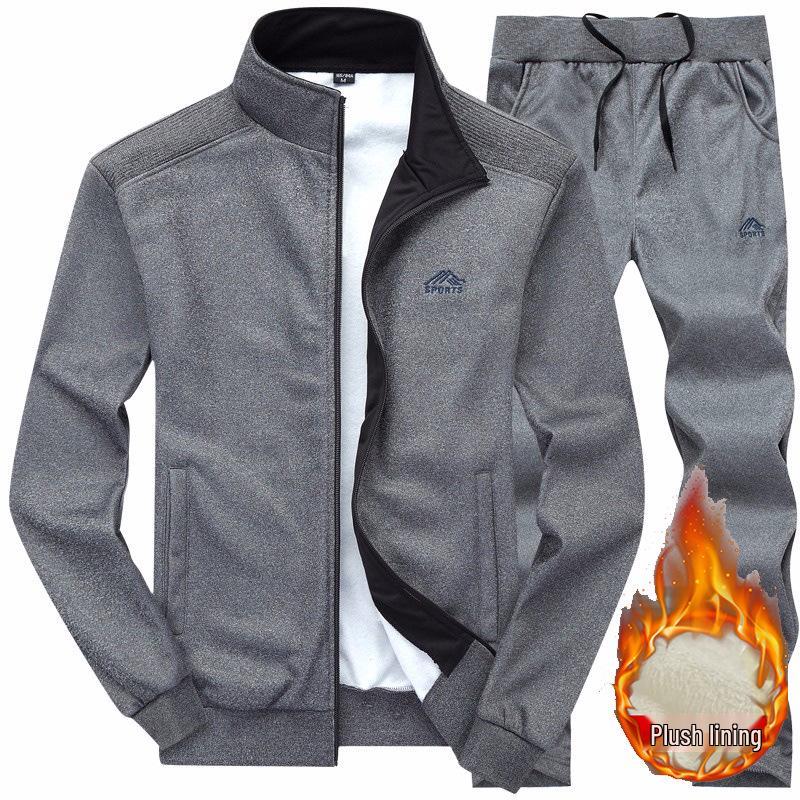 Men's Plus Velvet Thick Warm Embroidered Cardigan Two-Piece Set for Dad and Seniors