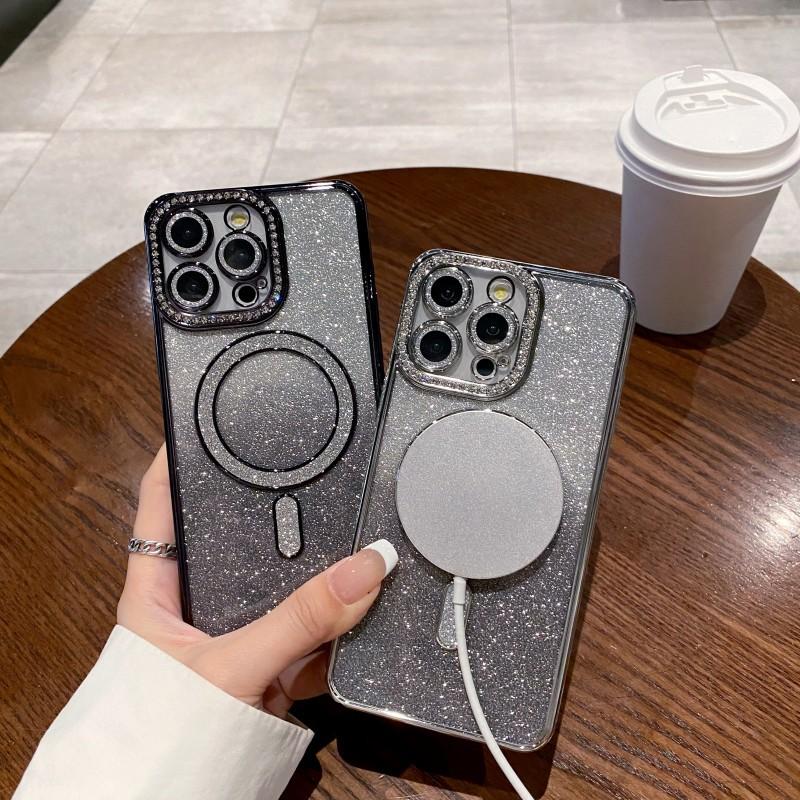 Applicable To IPhone16promax Rhinestone Flash Powder Magnetic Suction Phone Case 16E Apple 15 Full-package Anti-fall Protection Case