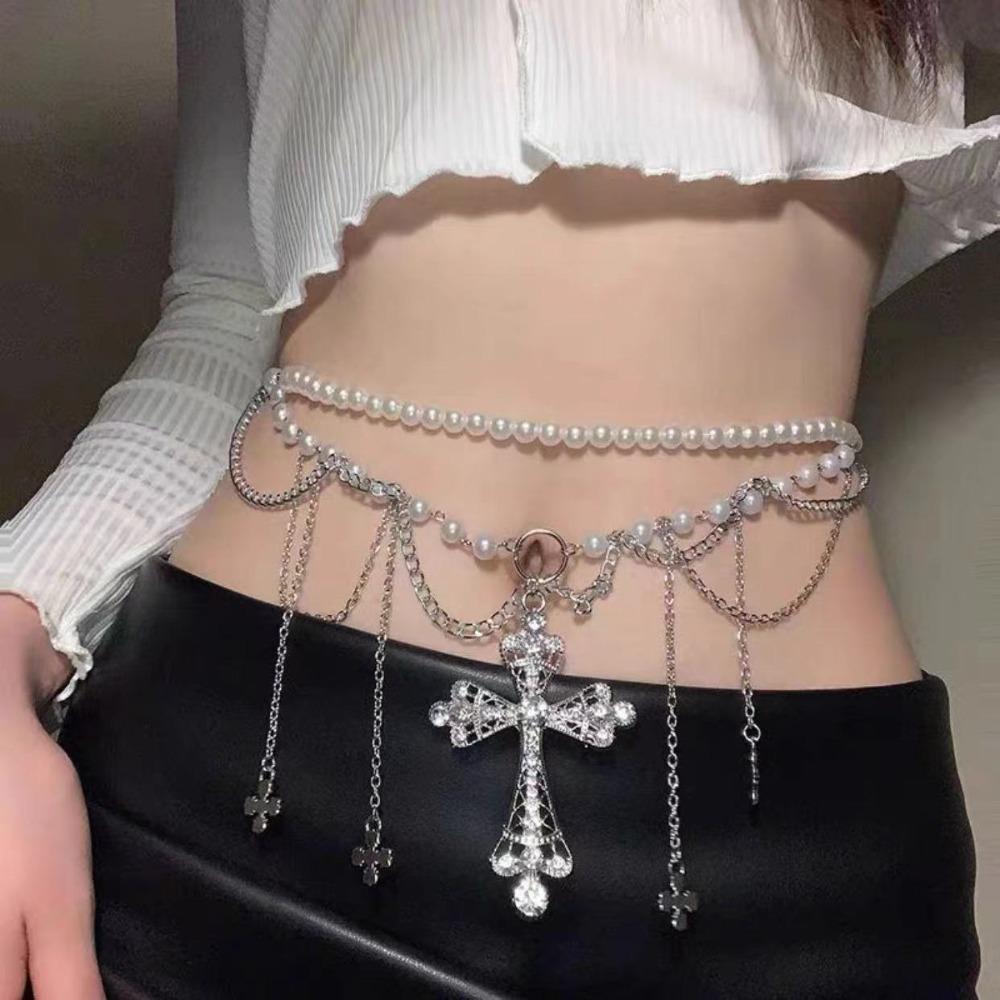 Adjustable Y2K Silver Waist Chain Acrylic Beads Crystal Tassel Waistband  Skirt Suit Decoration