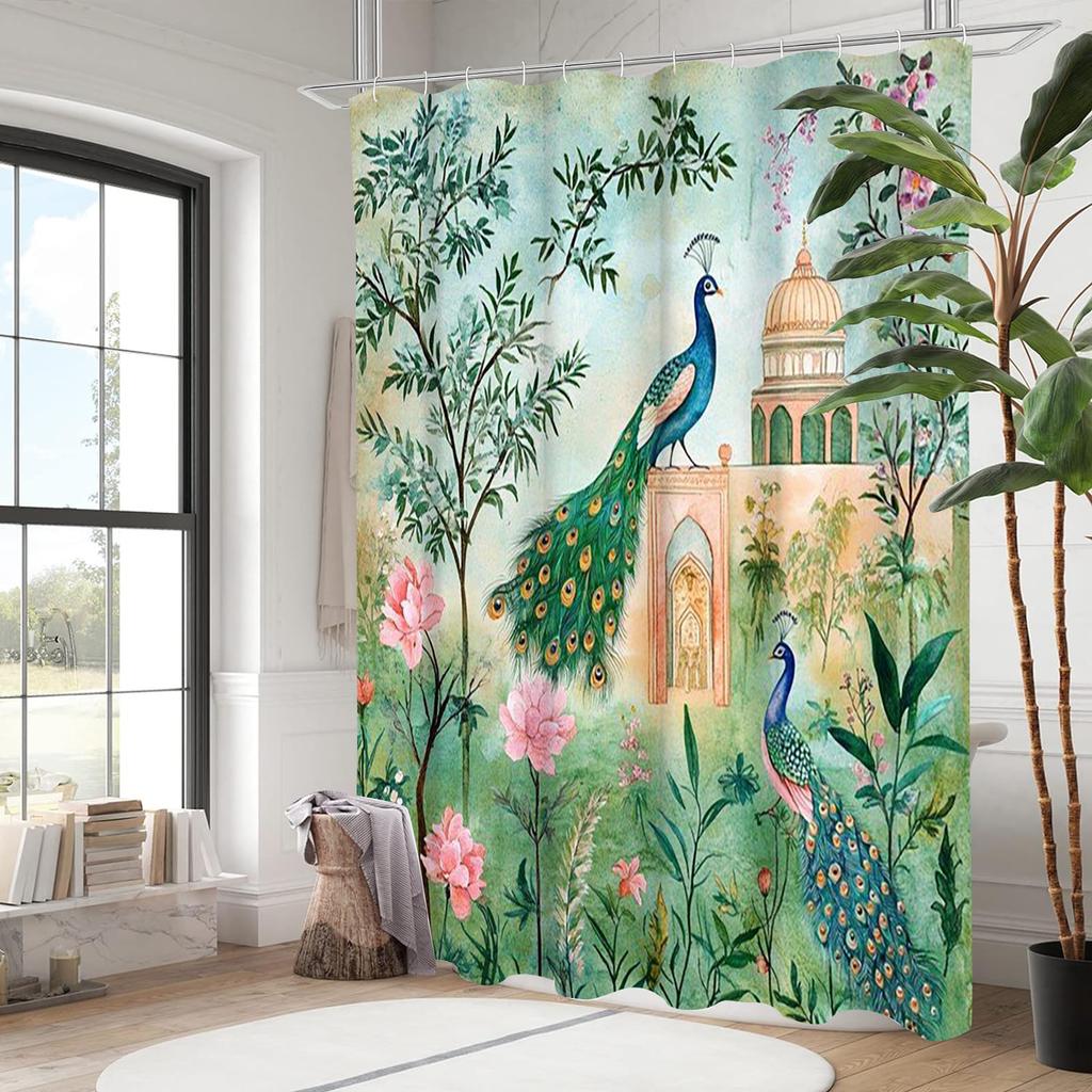 Peacock Landscape Pattern Bathing Curtain  Bathroom Letters Shower Curtain Waterproof With 12 Hooks Fishes Home Deco Free Ship
