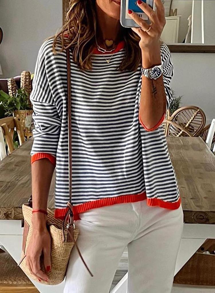 2025 Striped Contrast Knit Sweater: European & American Style, Drop Shoulder Long Sleeve