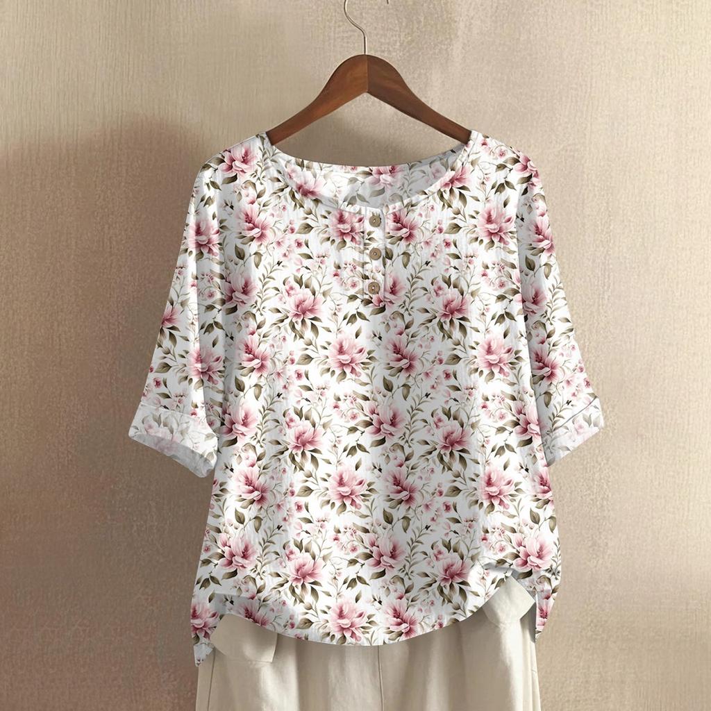 Women's Fashionable And Casual Shirt Half-sleeve Round Neck Print Blouse Top