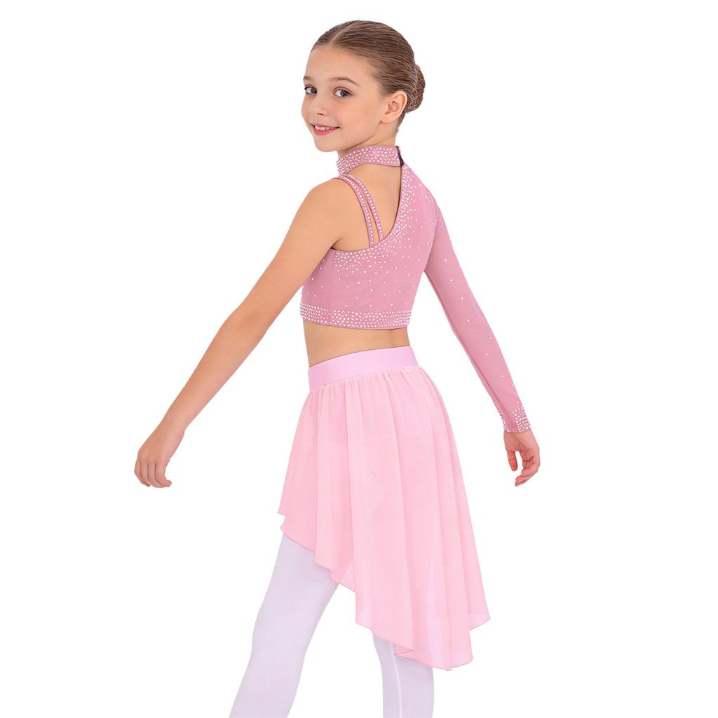 Mädchen Tanzset Funkelnde Strasssteine Oberteile Einzigartiges Unregelmäßiges Schulterfreies Crop Top High-Low Chiffon Rock