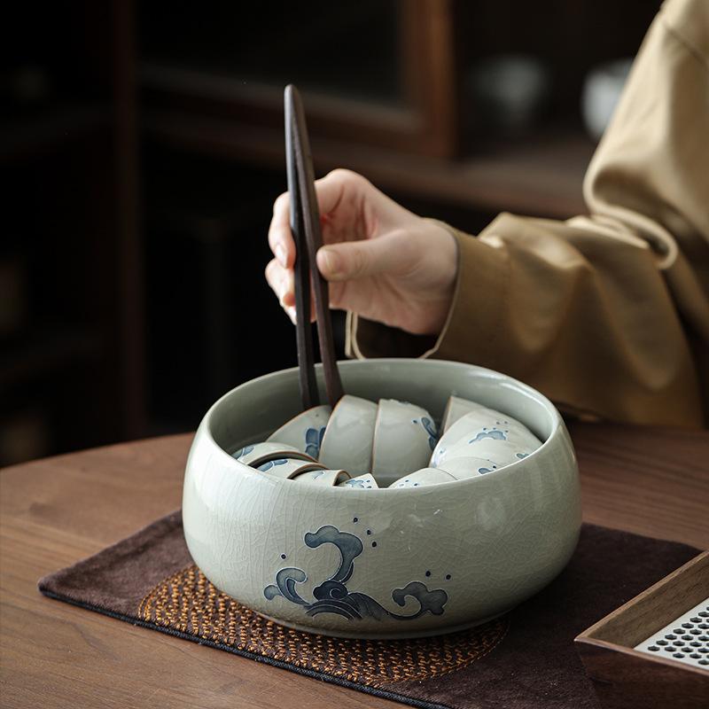 Glazed Hand-Painted Ge Kiln Jianshui Ceramic Extra Large Tea Washing Tea Residue Tank Water Tank Household Tea Set Tea Cup Washing Storage Bowl