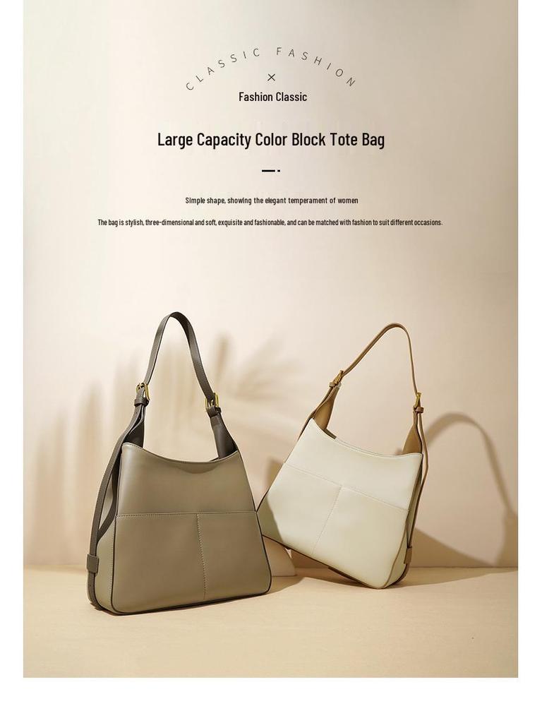 2025 Summer Genuine Leather Color Block Tote: Large Capacity Shoulder & Crossbody Handbag