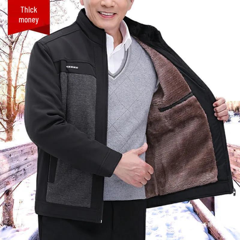 Velvet-Lined Thick Jacket for Men (Ages 60-70) - Warm Autumn/Winter Outerwear