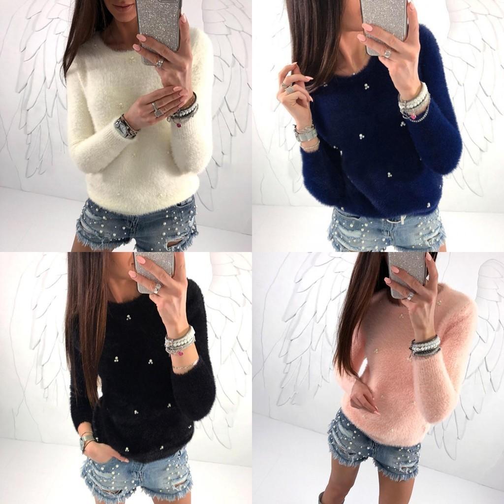 Luxurious Women Plush Beaded Sweater Casual Solid Color Spring Winter Fur Sweatshirt