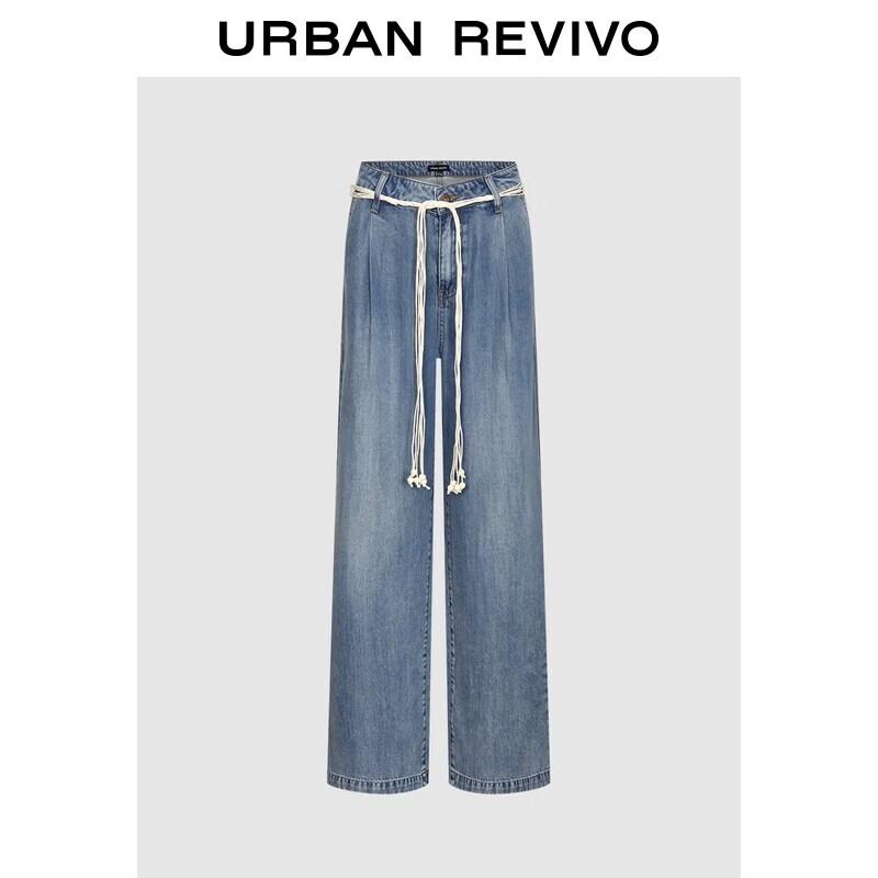 UR2026 Women s Rope Belt Washed Denim Long Pants 30