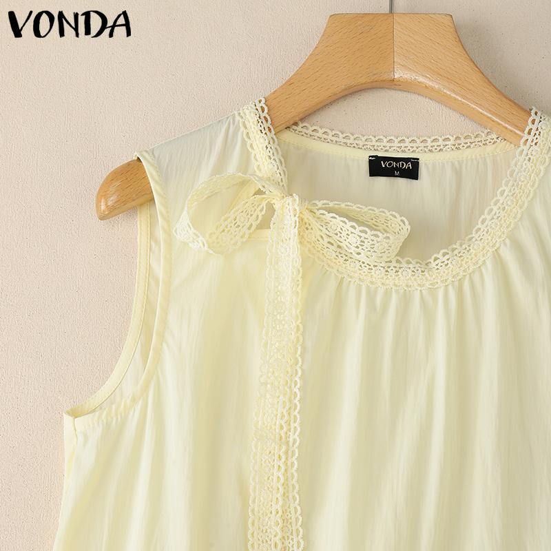 VONDA Women Sleeveless Crochet Tank Tops Casual Ruffled Patchwork Lace Hem Tops