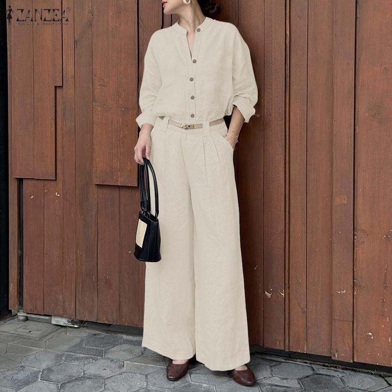 ZANZEA Women Long Sleeve Blouse and Pants Casual Two Piece Suit Sets