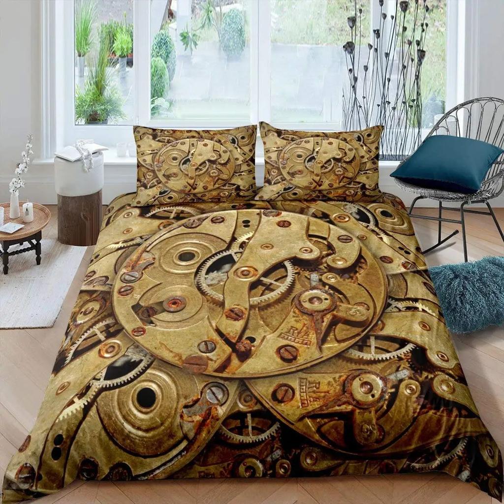 Gear Printing Duvet Cover Three-Piece Retro Mechanical Device Bedding Quilt Cover