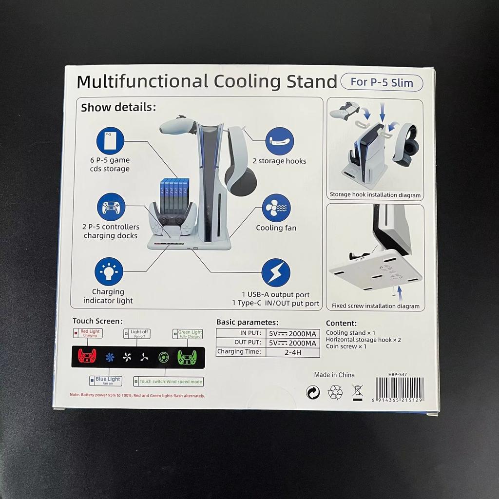 PARA PS5 Slim con estación de carga y soporte de almacenamiento para 8 juegos con ventilador de refrigeración y estación de carga para controlador PS5