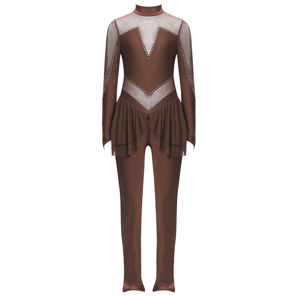 Mädchen Eiskunstlauf Performance Jumpsuit Stehkragen Langarm Transparenter Mesh Patchwork Glänzende Strasssteine Ganzkörperanzug