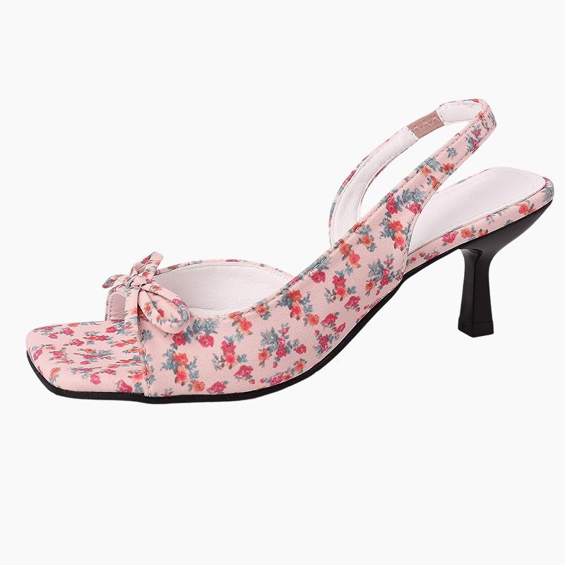 Exquisite and elegant square head bow open-toed sandals women's summer classic temperament wear high-heeled sandals