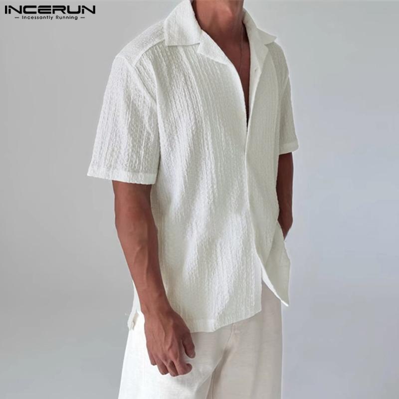 INCERUN Sommer Herren Revers V-Ausschnitt Kurzarm Knöpfe Lässige Lockere Hemden Oberteile