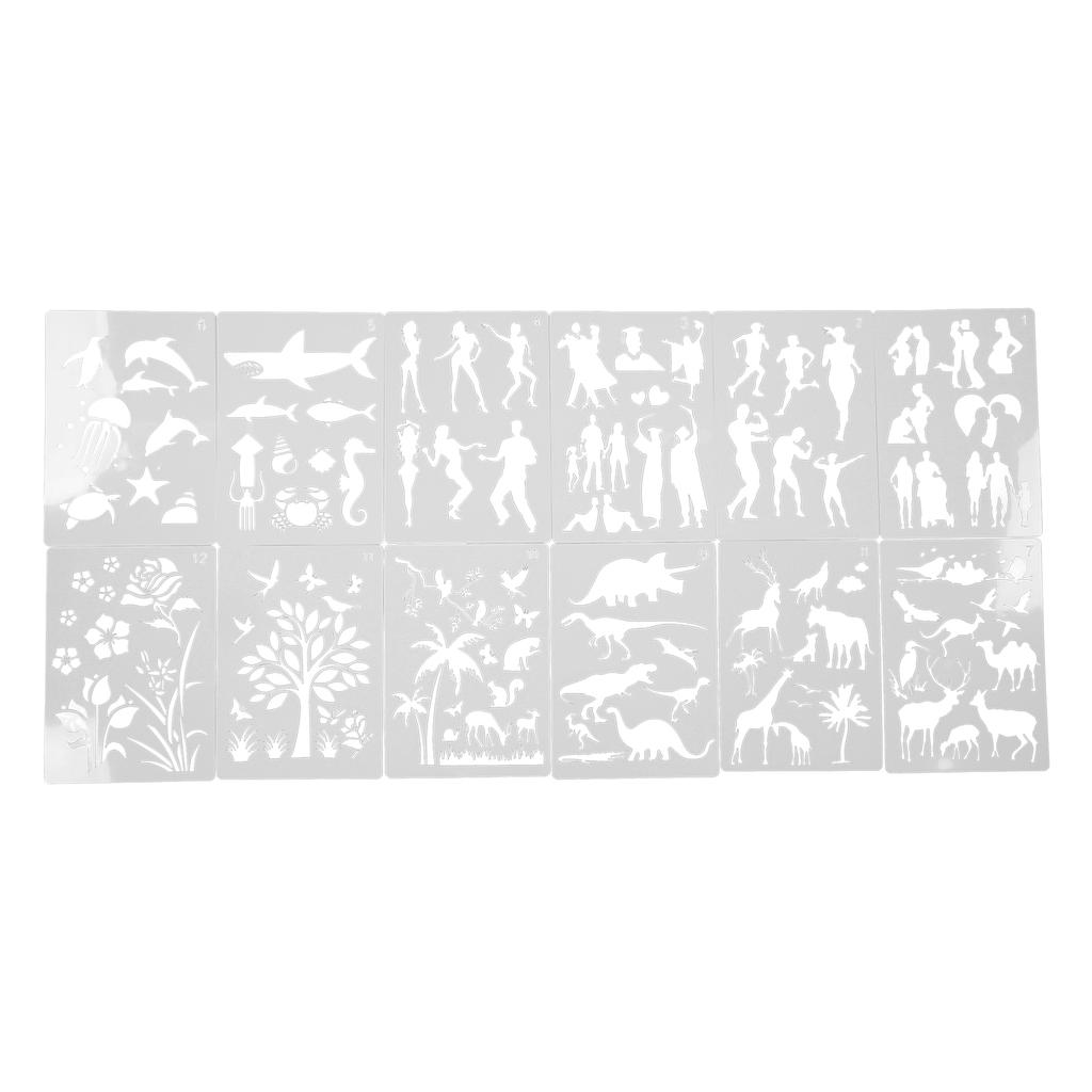 12Pcs Paint Stencils A4 Characters Animals Plants Safe Poisonless Durable Lightweight Wide