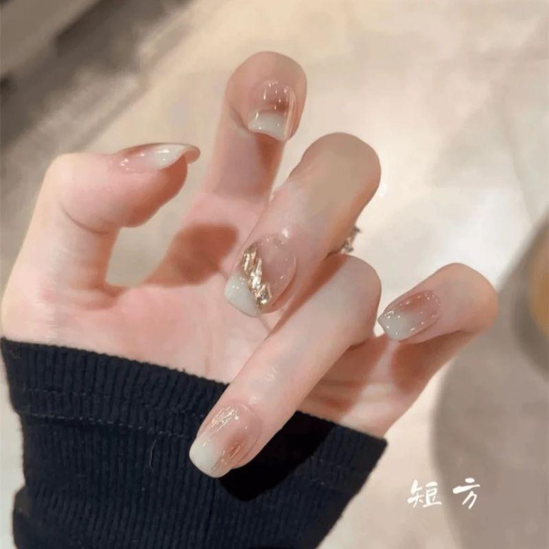 

Japanese-Style Nail Nail Stickers Nail Finished Product Fancy Small White Gentle Graceful Nude Color Short Square L yards milk tea cloud