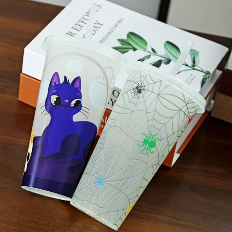 1PC 720ml Halloween Print Plastic Luminous Straw Cup Juice Milk Tea Coffee Cups for Party Supplies Funny Straw Cup Kitchen Drink