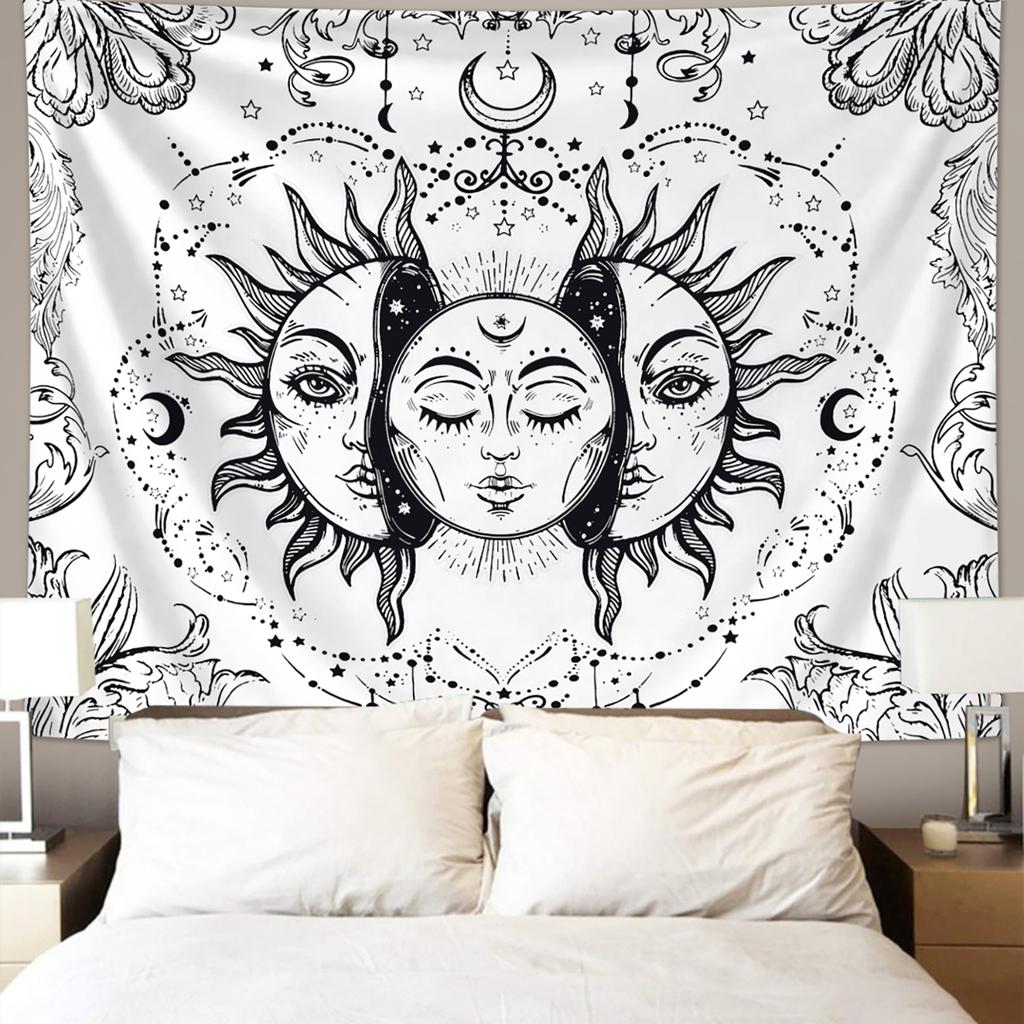 1 szt. Gobelin Słońce Księżyc, Gobelin Płonące Słońce i Gwiazdy, Czarno-Biały Tajemniczy Gobelin z Kart Tarot