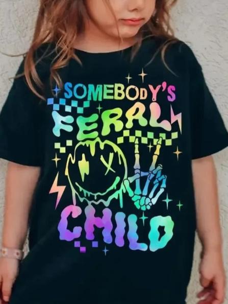Graffiti "SOMEBODY'S FERAL CHILD" Skeletal Hands Happy Face Graphic Girls, Short Sleeved Tshirt Pullover Summer Exercise
