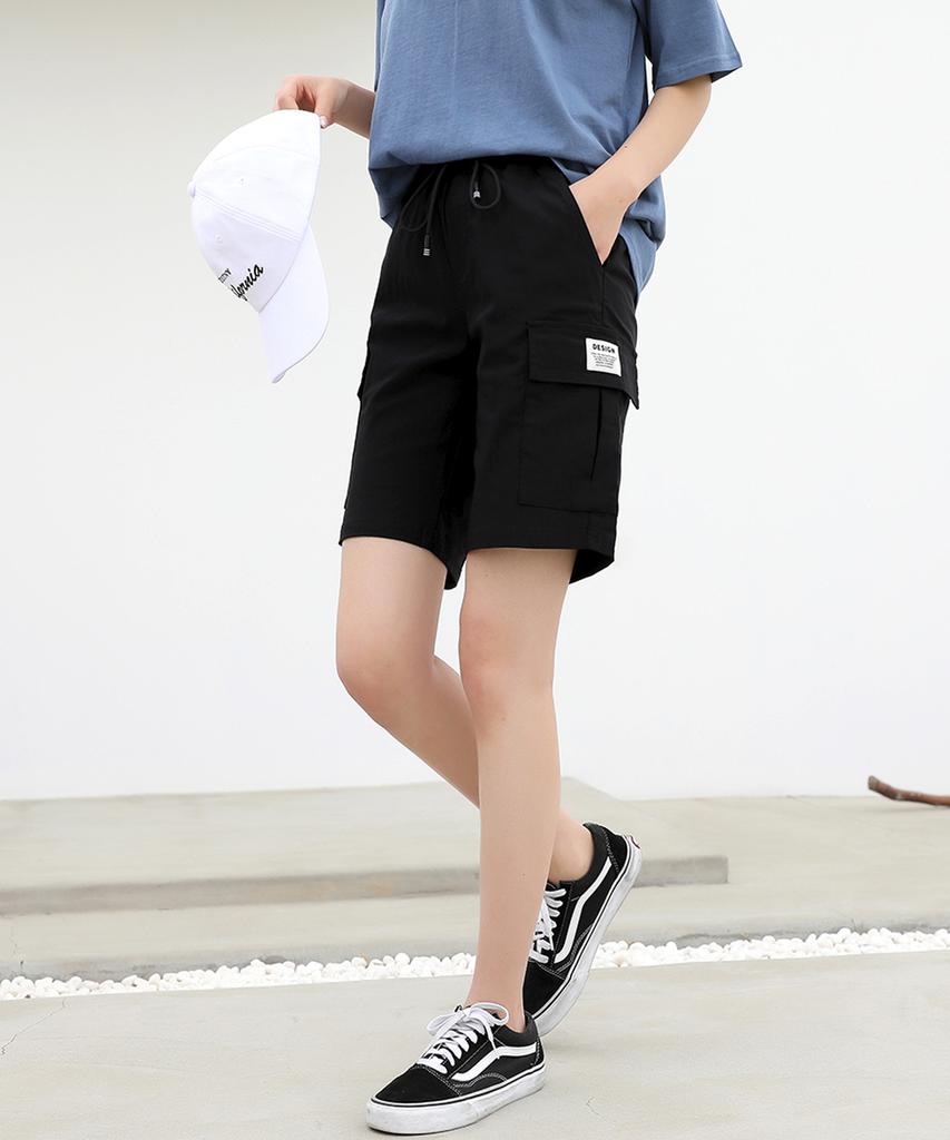 Ppaeppae Elastic String Label Patch Pocket Cargo Shorts