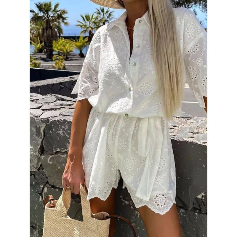 Embroidered Lace Shirt Romper Fashion Embroider Lace Shirt Jumpsuit Suit