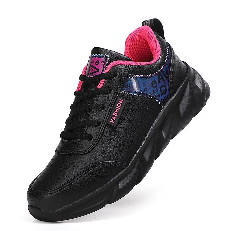 Autumn and winter black leather shoes new casual running shoes flat non-slip sports shoes velvet warm travel shoes