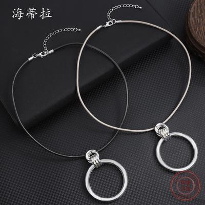 INS Wind Metallic Geometric Pendant, Exaggerated Silver-plated Butterfly Leather Rope Necklace, Street Fashion Circle Collar.