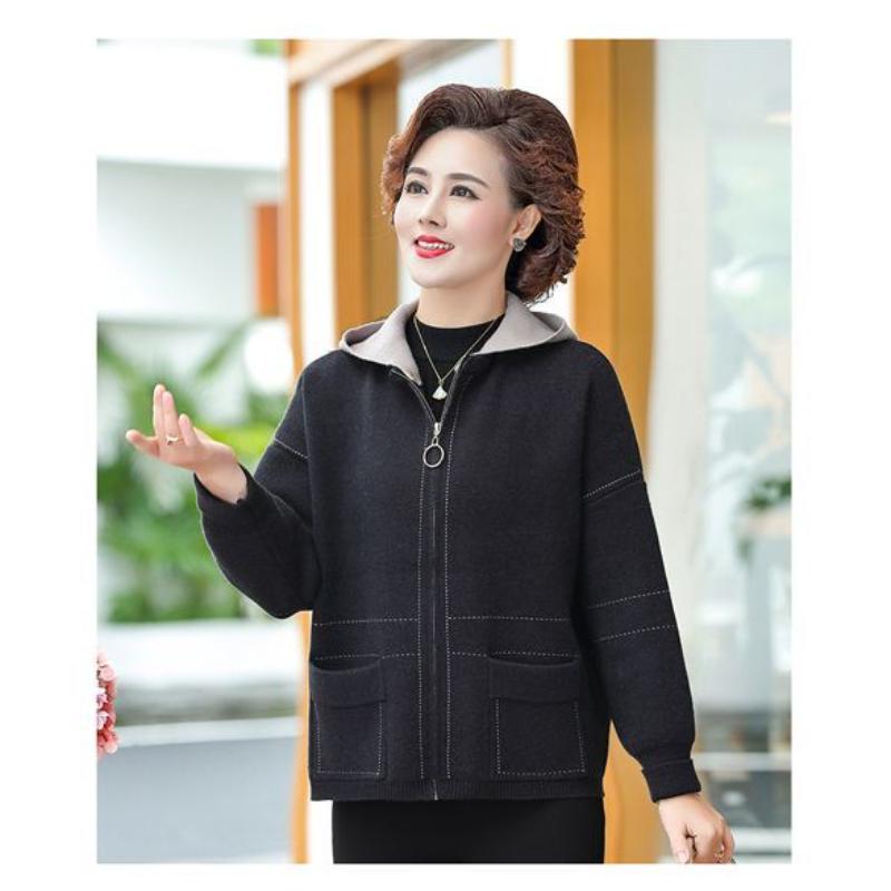Mom Wear Autumn Winter Knitted Cardigan Top Middle-aged Women's Fashionable Jacket Hoodie Versatile Loose