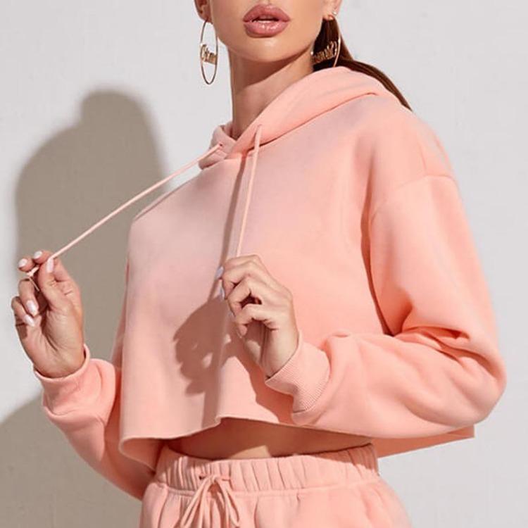 

Сексуальная женская укороченная толстовка с капюшоном, модный топ с открытым животом, пуловер с длинным рукавом L розовый