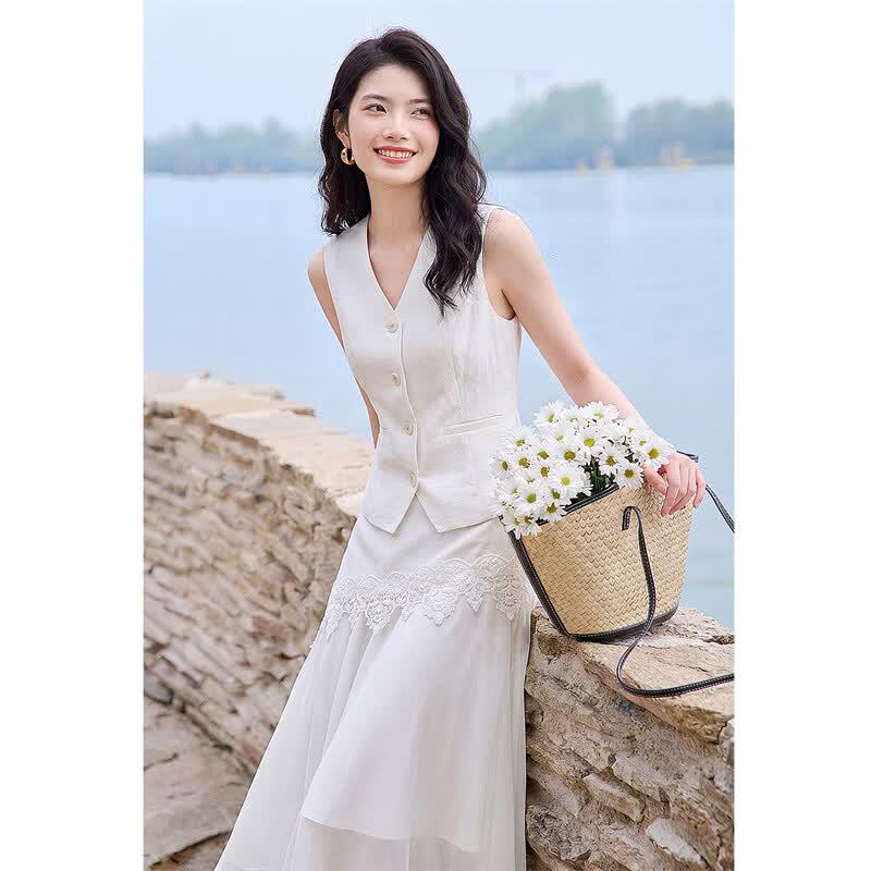 Elegant Sleeveless V-Neck Vest & Skirt Set L