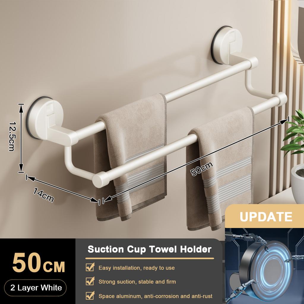 Suction Cup Bathroom Hand Towel Rack Holder Wall Mount No Drill 30/40/50cm Towel Bar Double Bar 2 Tier Apartment Space Saving