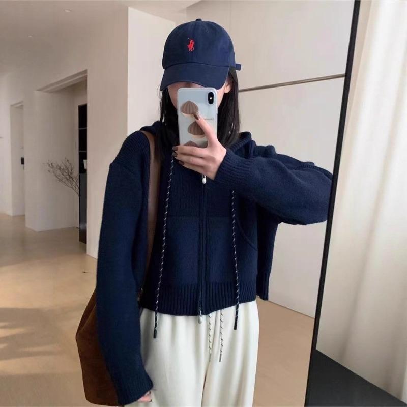 New Short Casual Pocket Design Double Zipper Long Sleeve Drawstring Hooded Knitted Cardigan Top Women