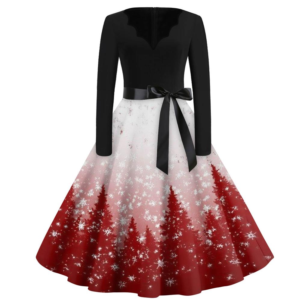 Women's Fashion V-Neck Relaxed-Fit Christmas Print Long-Sleeved Dress