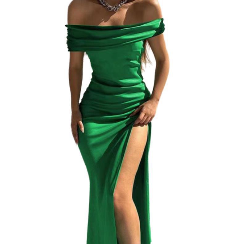 

2026 European & American Socialite Shiny One-Shoulder Evening Dress with Sexy Slit S зелёный