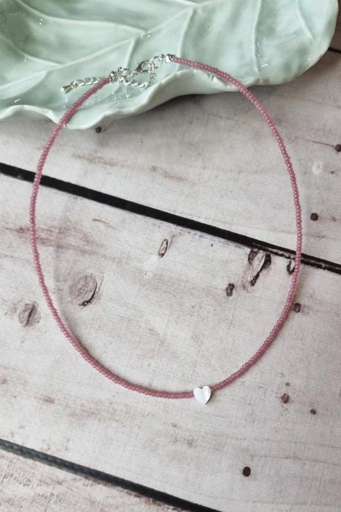 Handmade Choker with dark pink Seed Beads and Natural Heart Shell Pendant