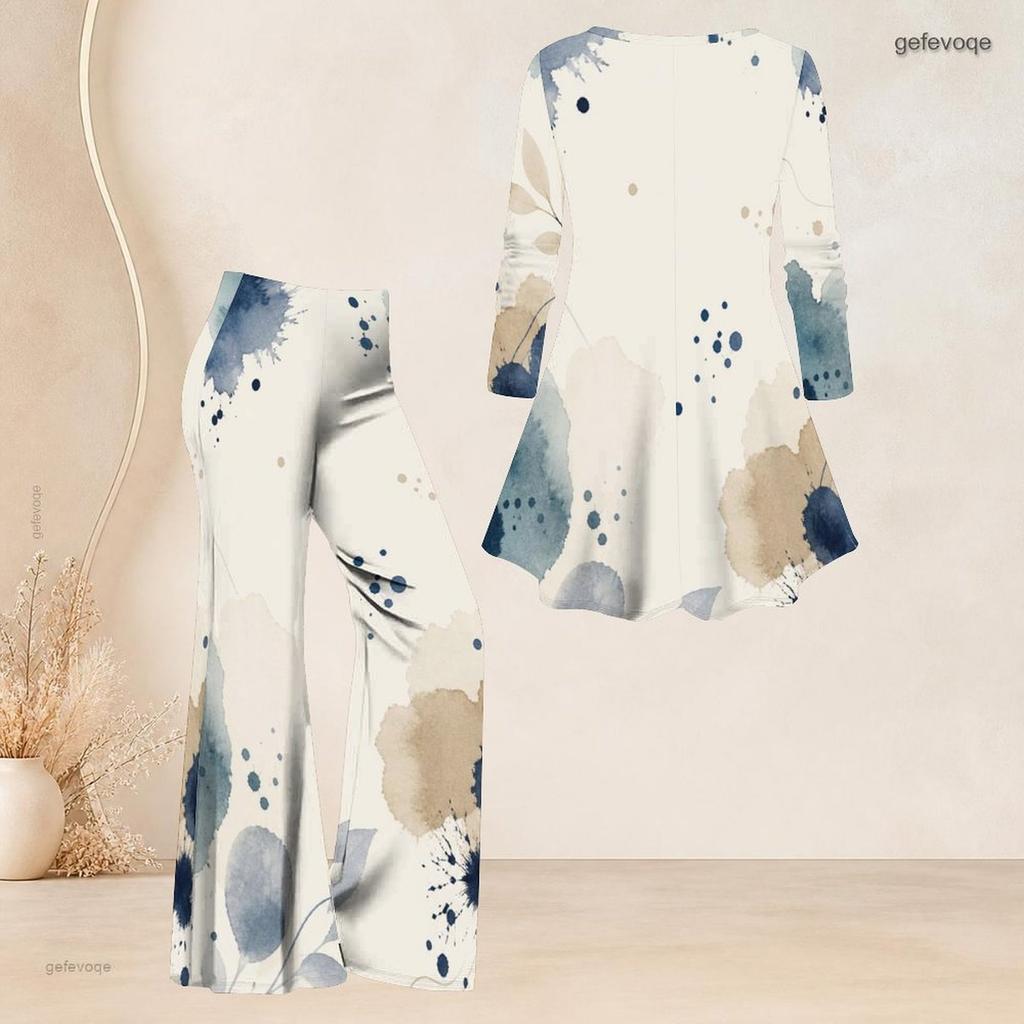 Women Plus Size Round Neck Three Quarter Sleeve Printed Flared Top And Flared Pants Two Piece Set