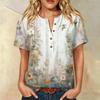Camicia Casual da Donna con Stampa, Collo Henley, Manica Corta, Cotone e Lino, Tasca Frontale e Bottone, Vestibilità Rilassata