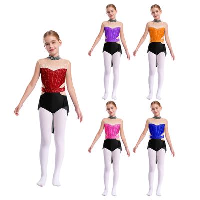 Kids Shiny Rhinestone Leotard Mesh Skirt Overlay Color Block Design for Ballet Performances