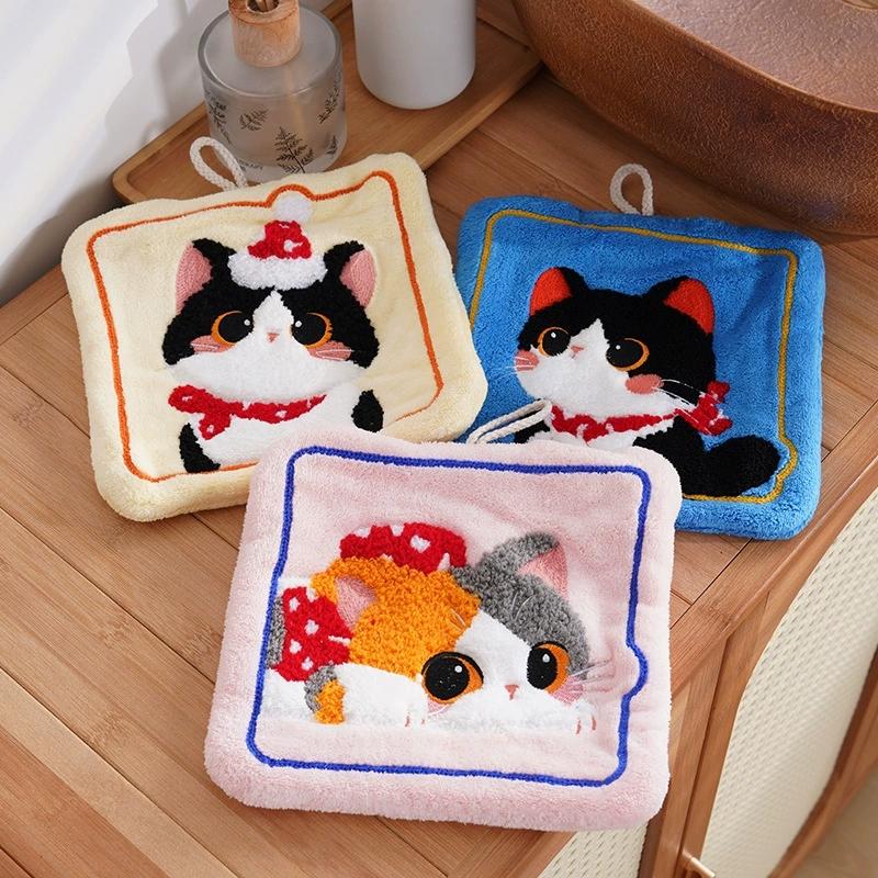 Coral Fleece Cat Pattern Hand Towel Ultra Absorbent Soft and Durable for Home Toilet Bathroom