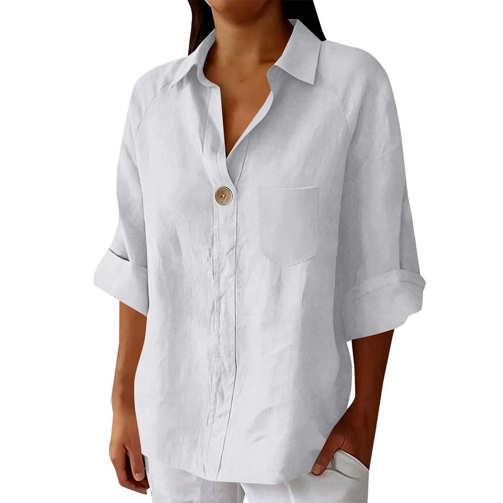 Women's Summer Casual Loose-Fit -Color Top With Collar, V-Neck, And 3/4 Sleeves
