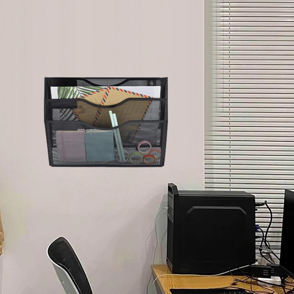 Mesh File Holder for Wall Mounting, Bookshelf Organizer with 3 Tiers Magazines And Newspapers