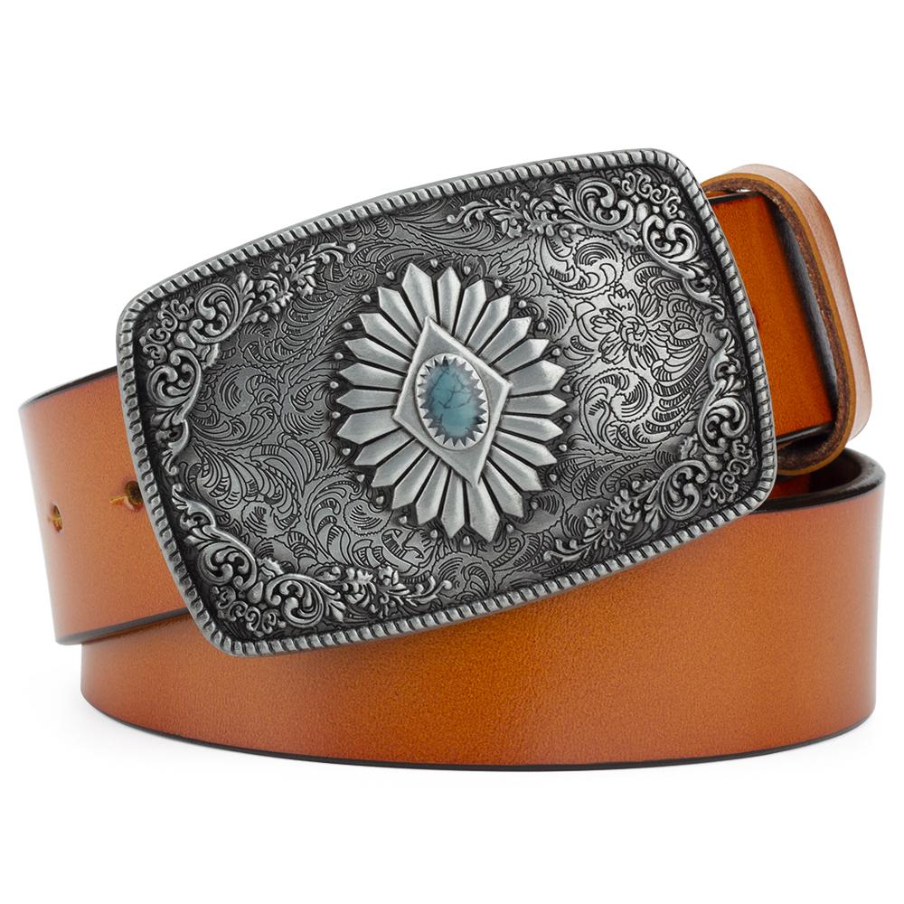 Classical Silver Carved Flower Pattern Buckle Enamel Sapphire Genuine Leather Belt For Women Men Belts Gift