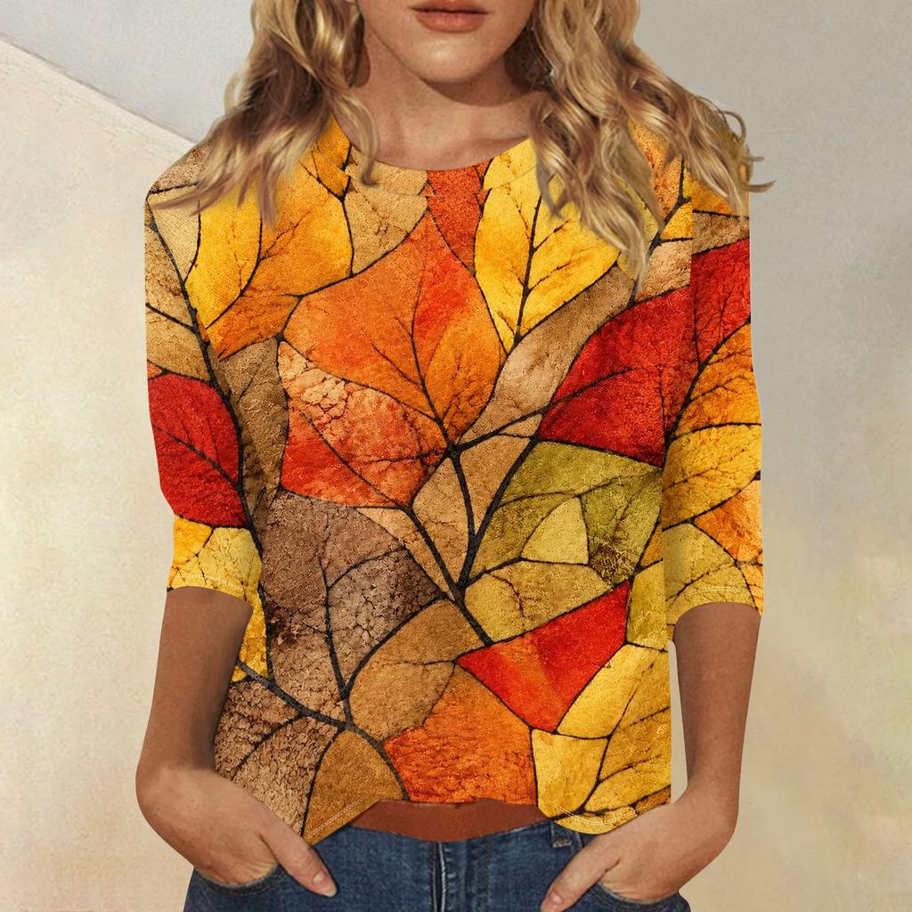Women's Fashion 3/4 Sleeve Round Neck Top with Maple Leaf Print for Casual Wear