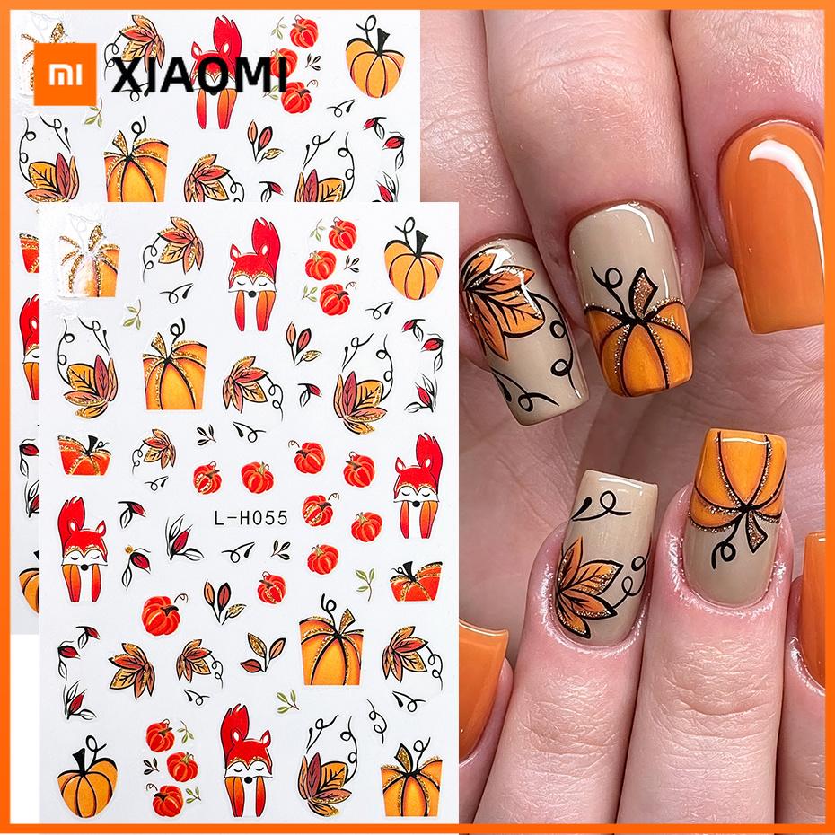 Xiaomi 2pcs Pumpkin Maple Leaf Nail Stickers Golden Glitter Leaves Nail Decals Cute Fox Autumn Fall Design Nail Art Decoration Manicure